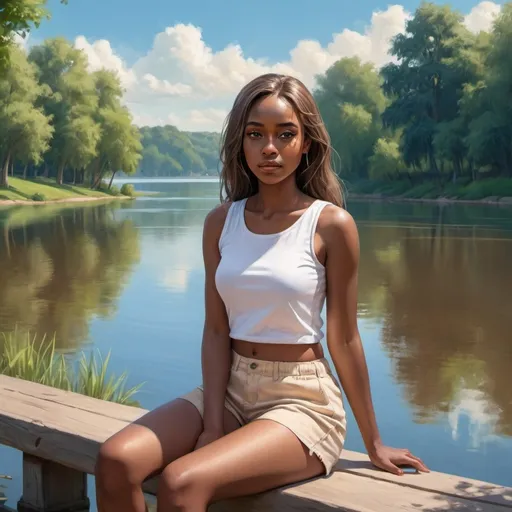 Prompt: 4k , high resolution , professional , detailed , park , bright blue sky , trees , lake , art photography , digital painting , woman  sitting near the water of the lake  , she is wearing white sleeveless shirt , beige shorts , dark skin , long hair , she looks powerful and confident 