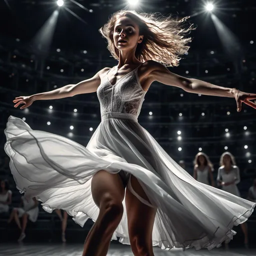 Prompt: <mymodel>
4k  , high resolution,artistic , black and white colors  ,photorealistic painting ,digital painting , a woman in short white dress is sitting on dark stage , close up , the stage's lights shine on the woman , dynamic , dramatic dance , low angle shot ,