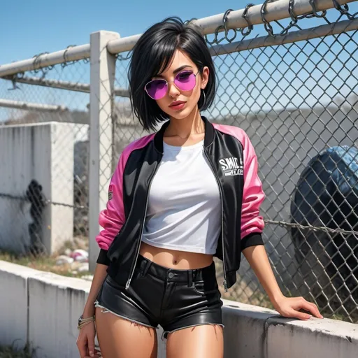 Prompt: 4k , high resolution , detailed , bright colors, photo,digital painting  , realism , artistic ,professional ,  a woman leaning against old white concrete wall  behind her , garbage  , chain-link fence,modeling stance , black hair , bob haircut , opened black jacket , white crop top shirt , pink shorts ,sunglasses ,mirrored lens , pink temple, close up , portrait , smile ,