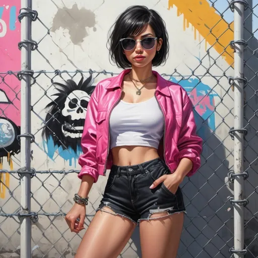 Prompt: 4k , high resolution , detailed , bright colors, photo,digital painting , photo realism painting  , artistic ,professional ,  a woman leaning against old white concrete wall  behind her , garbage  , chain-link fence,modeling stance , black hair , bob haircut , opened black jacket , white crop top shirt , pink shorts ,sunglasses ,mirrored lens , pink temple, close up , portrait , smile ,