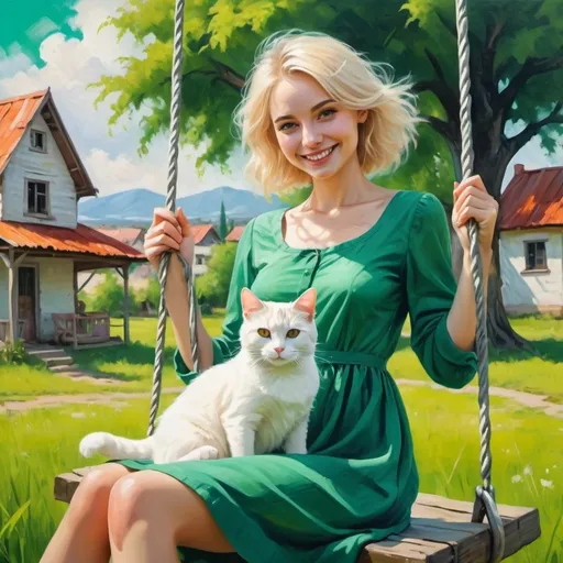 Prompt: 4k , high resolution , oil painting , bright colors , nature 
a woman seats on swing and white cat sits on the woman, short green casual dress , green grass field , old buildings in the background , blond hair , smile 