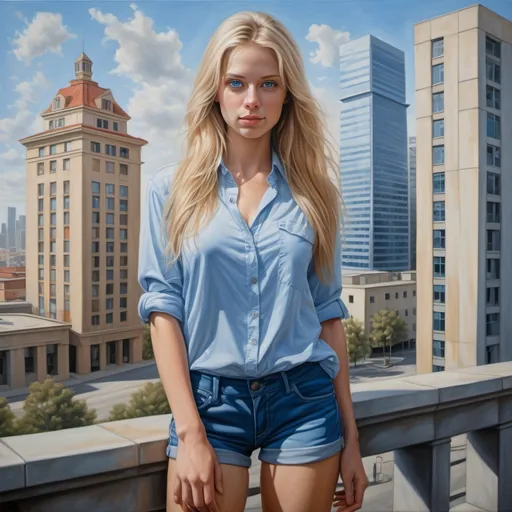 Prompt: a beautiful woman(blonde long hair, blue eyes , ) in shorts and a blue shirt posing for a picture in front of a building with a city in the background, modeling pose   figurative art, extremely detailed oil painting, a photorealistic painting