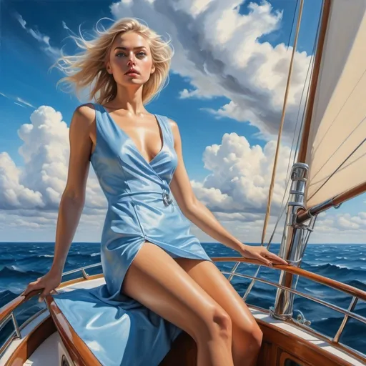 Prompt: 4k , oil painting , high resolution , modeling photo , nature ,  sea , blue sky , clouds , a woman stands  in a yacht, sleeveless  blue dress ,slit thigh dress, blond hair , barefoot , unique pose , view from the ground to the sky 
