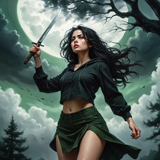 Prompt: 4k ,oil painting ,fantasy, high resolution ,artistic,nature ,sky ,tree,dark atmosphere,action,dynamic, a white dangerous  woman  holds dagger ,she is looking up the sky,powerful stance  ,  black hair , traditional buttoned black shirt , dark green slit miniskirt  ,black hood,  good composition , low angle shot 