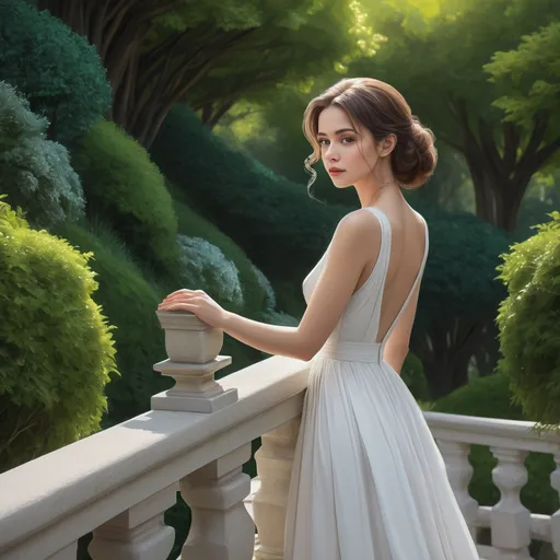 Prompt: digital painting , (4K, high resolution), ultra-detailed, vibrant colors, , (close-up of a woman), standing on a stone staircase and putting hands on the railing , lush tree-lined area, beautifully manicured bushes, elegant safety railing, soft natural lighting, enchanting park scenery, art photography masterpiece. the woman is wearing a beautiful and elegant off white short slit dress