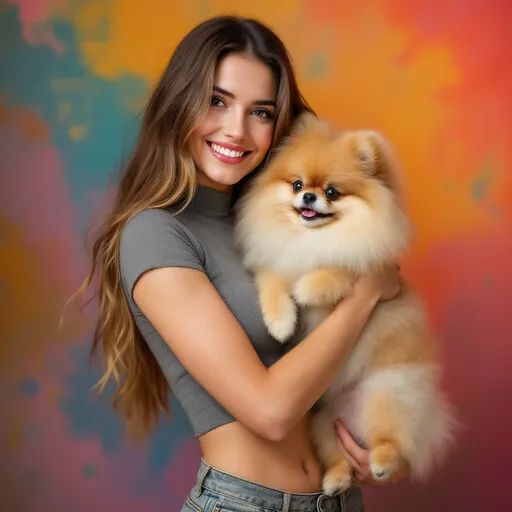 Prompt:  A woman with long hair  in a gray crop top and fitted skinny jeans that fits her figure holds a fluffy Pomeranian dog in her arms, standing and the background is colorful with warm colors to show the warm connection between the woman  and her dog