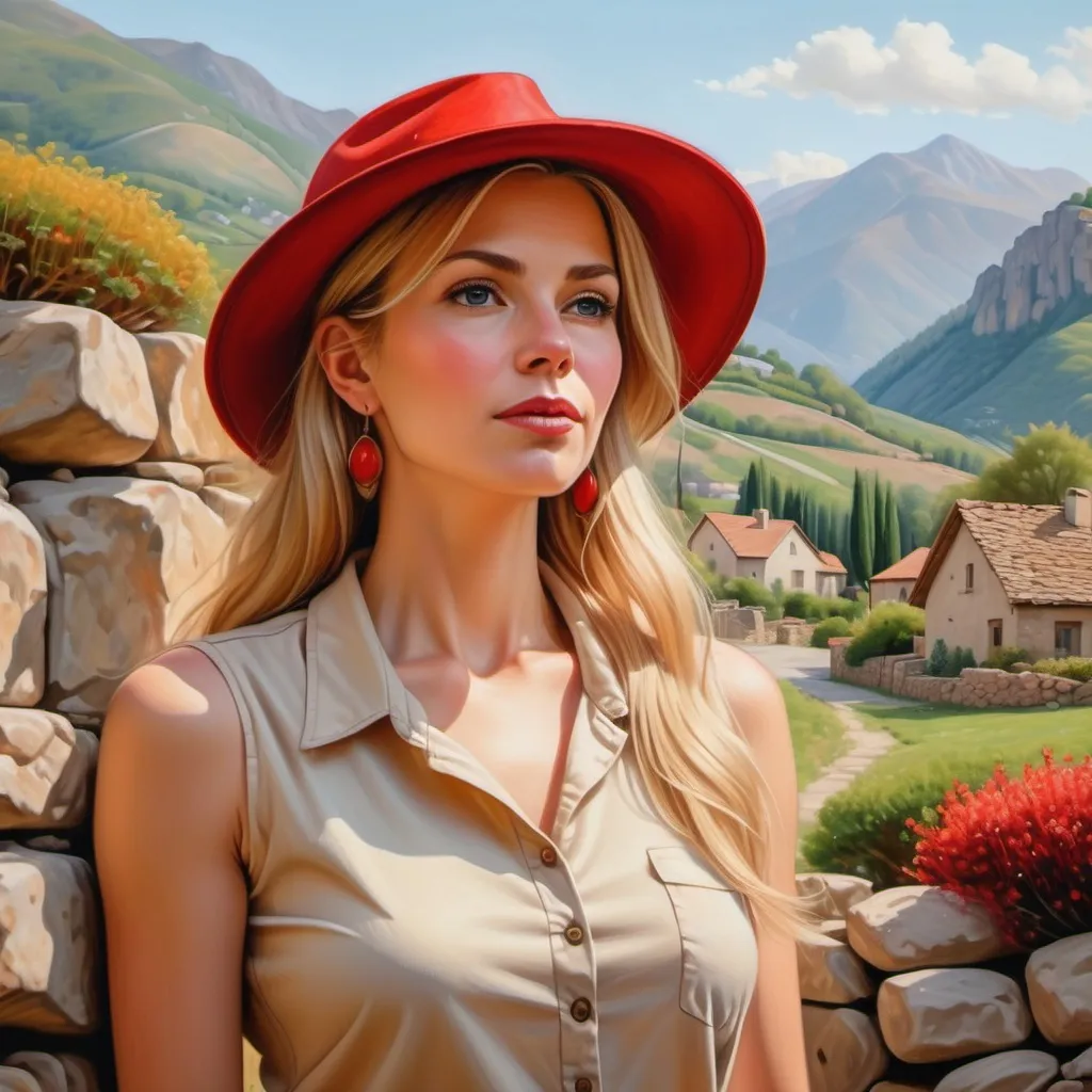 Prompt: 4k , high resolution , extremely detailed oil painting , realism , village , mountains , warm colors . spring season ,
a low angle of beautiful woman posing in modeling pose (long blonde hair , beige sleeveless shirt with red neckline  ,red elegant pants,earrings , summer red  hat )  bushes , small dry stone walling in the background , detailed face , she is 40 years old , legs