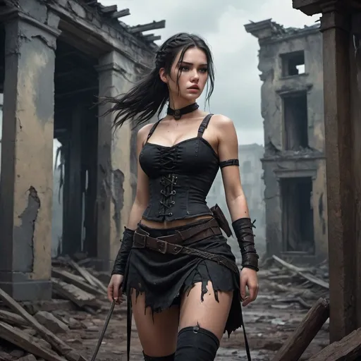 Prompt: 4k , high resolution , oil painting , artistic ,fantasy ,modeling , dark color ,nature , a woman  ,she stands near pole in ruined buildings ,   black hair , braid hairstyle , 
  scar near the eye , wounds on face , short black skirt with belt  , black combat corset,shields on both shoulders  , action , dynamic , model stance , low angle shot , emotional face