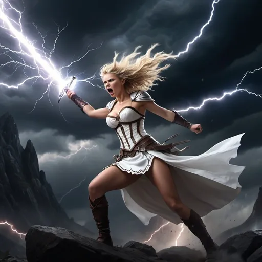 Prompt: 4k , high resolution ,fantasy, illustration , dark colors , artistic ,mountain, a woman rises up magical sword ,big storm caused by the magical sword , strong wind ,dark background, blonde hair ,white crown , white combat corset , white short skirt revealing legs , low angle shot ,attacking stance , thunder aura around the sword , sword's blade glowing with the thunder , portrait , thunder hits the sword and causes big lights