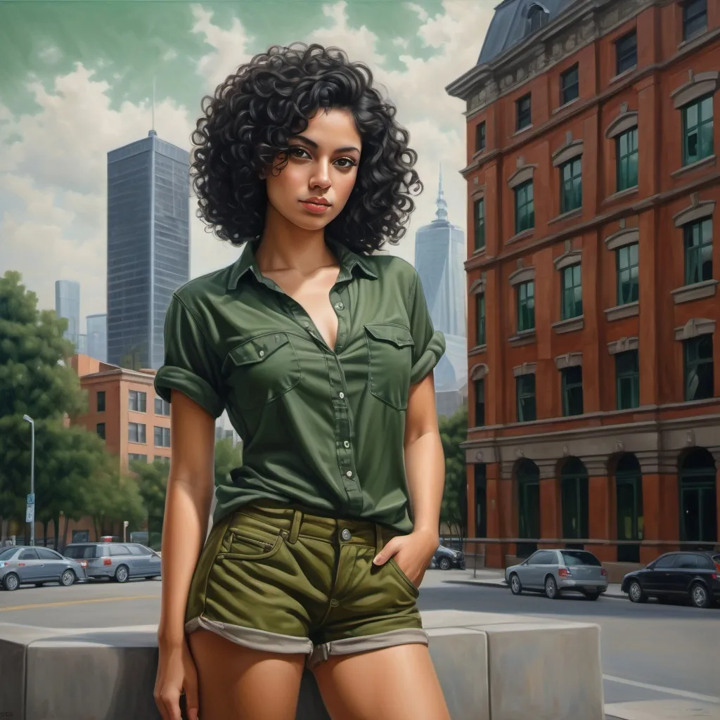 Prompt: a beautiful woman(black hair,curly hair, brown skin, ) in shorts and a dark green shirt posing for a picture in front of a building with a city in the background, modeling pose   figurative art, extremely detailed oil painting, a photorealistic painting