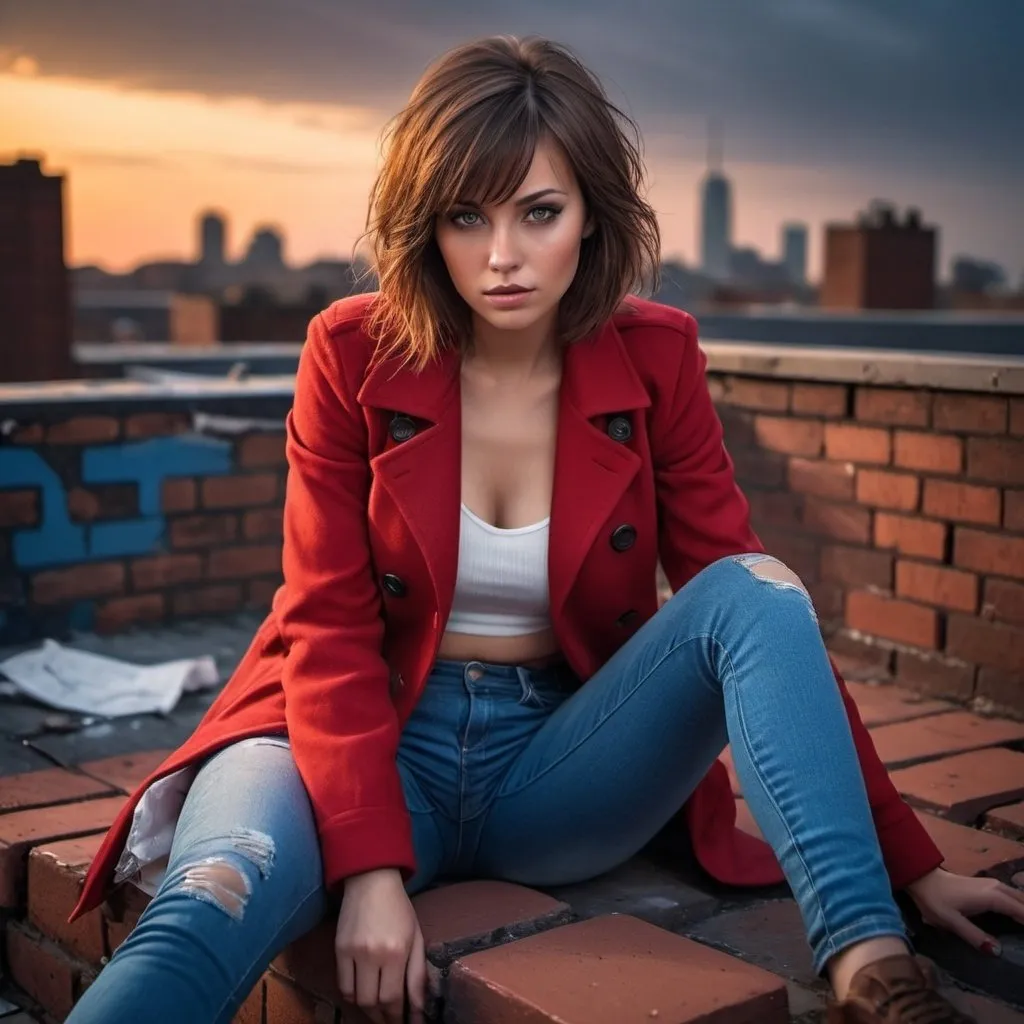 Prompt: 4k , high resolution , detailed ,glamour photography , dramatic colors, realism ,professional, lights , art photography,neglected rooftop, bricks, urban view, sunset , a woman sitting on the floor in modeling pose, bangs haircut, brown hair , opened red coat and white crop top under the brown jacket  , blue long tight  jeans , portrait , legs , low angle shot 