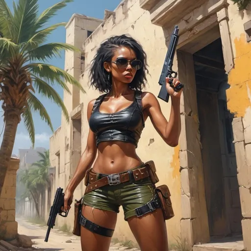 Prompt: 4k , high resolution , bright colors ,oil painting,fantasy, action ,road,palm trees,old building,cracked walls, a female bounty hunter stands near wall tree  ,she aims a gun ,fighting pose, black braid hair , black skin , sunglasses , mirrored lens,olive shorts, leather black crop top shirt , bandolier , skull logo , close up , low angle shot