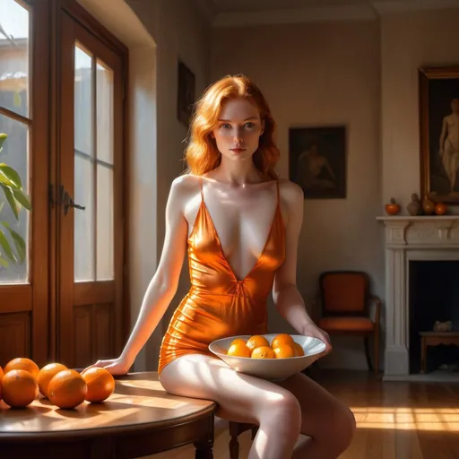 Prompt: 4k , oil painting , high resolution , high detailed ,modeling photo ,living room , bowl of oranges on table,ginger woman , orange slit mini dress revealing legs , sunlight shines the woman through the window , parquet ,portrait , unique modeling pose