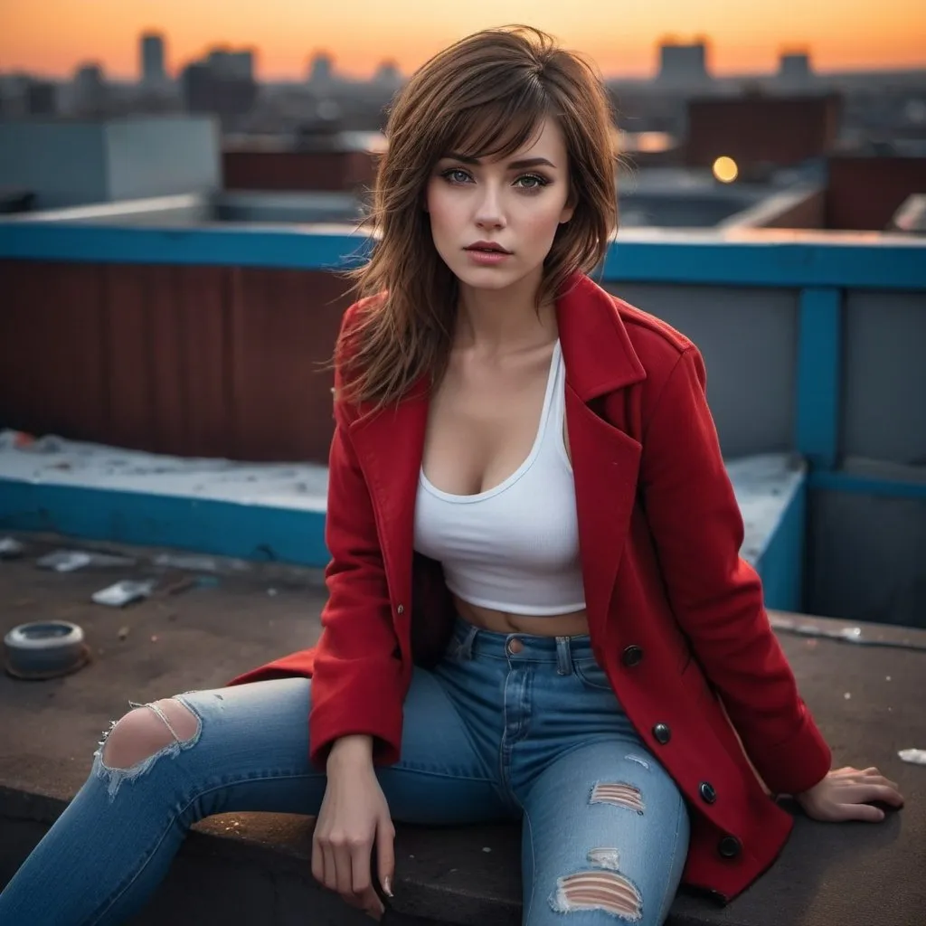Prompt: 4k , high resolution , detailed ,glamour photography , dramatic colors, realism ,professional, lights , art photography,neglected rooftop, urban view, sunset , a woman sitting on the floor in modeling pose, bangs haircut, brown hair , opened red coat and white crop top under the brown jacket  , blue long tight  jeans , portrait , legs , low angle shot 