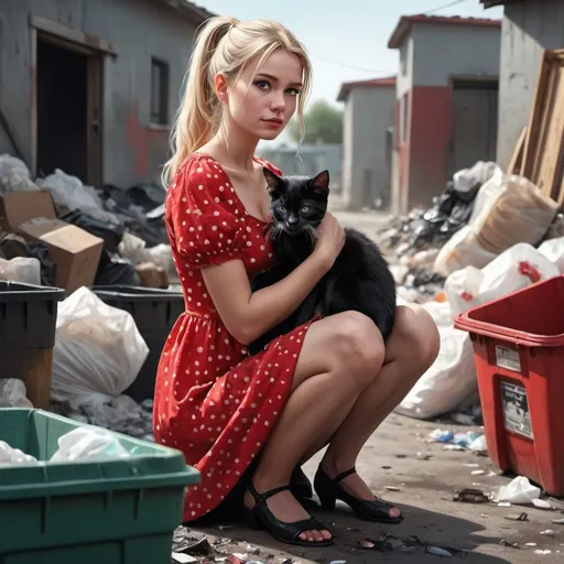 Prompt: 4k, high resolution, digital painting, achromatic colors, detailed features, art photography, woman holding black kitten near trash yard , blonde hair, ponytail, red dress with white dots, detailed facial expression, low angle shot, good composition, legs, professional lighting, emotional portrait