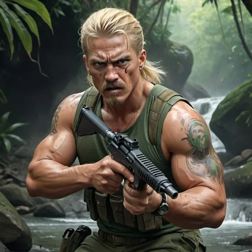 Prompt: 4k , high resolution , detailed , digital painting ,professional , action movie, dark colors , jungle ,river , rock, a man , he holds a pistol and aims it , green undershirt , army pants , mullet hairstyle , blonde hair , the parted pencil mustache , muscular , aim stance ,badass look ,bullet belt, tattoo of skull on his arm , angry face , teeth expose , full body  , shooting scene 