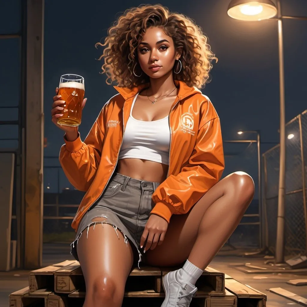 Prompt: 4k , high resolution , detailed , digital painting ,night ,street light, a woman sits on pallet, she holds a beer  bottle ,chain-link fence , modeling pose ,industrial , factory ,a neglected place , curly hair,brown skin ,she wears brownish orange jacket , white crop top shirt , gray miniskirt ,leg , good lighting , low angle shot 