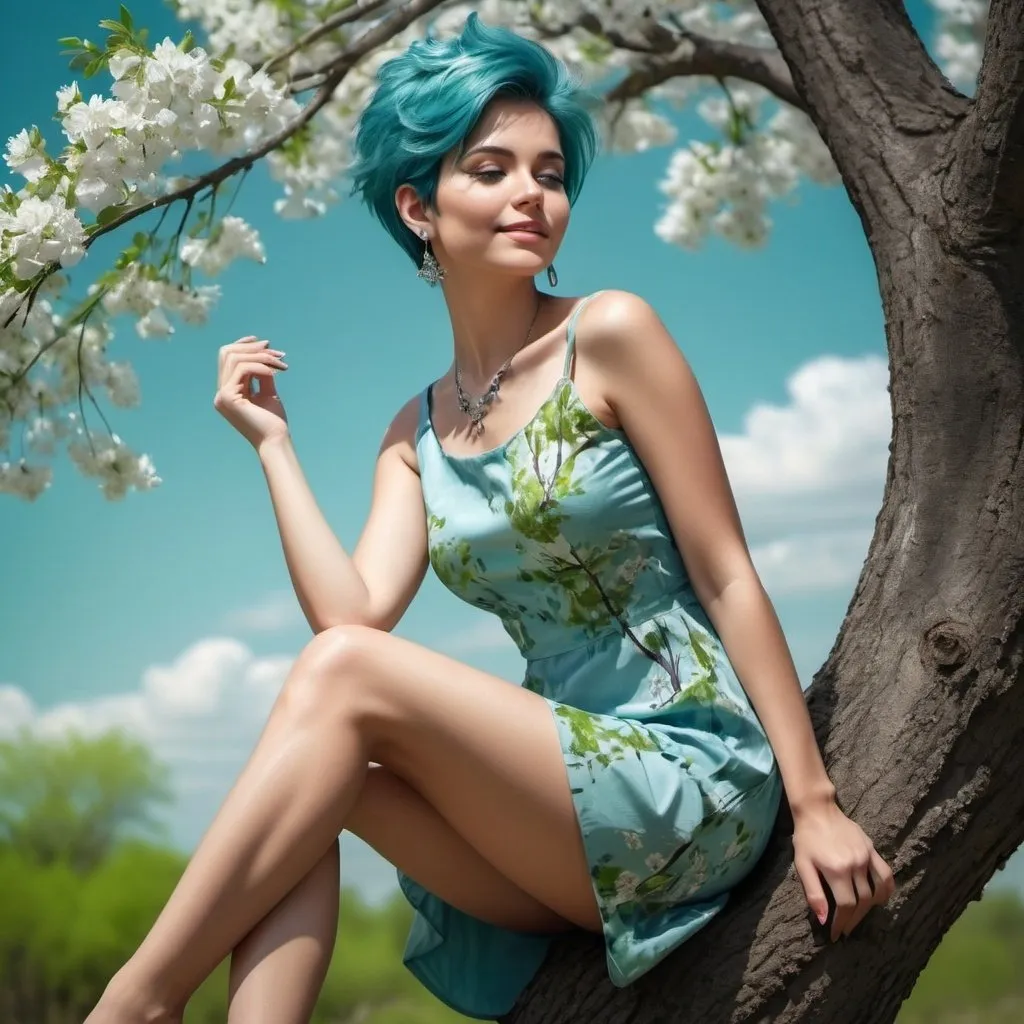 Prompt: 4k , high resolution , glamour photography , art photography , digital painting ,achromatic colors ,trees ,beautiful calm place ,peaceful ,blue sky, flowers are blooming ,spring season , an attractive woman sitting on tree and touching her hair ,modeling pose ,she enjoys the freedom of the nature , smiles , blue pixie hair , green floral mini dress  , earrings , necklace  , low angle pose , legs  , close up 