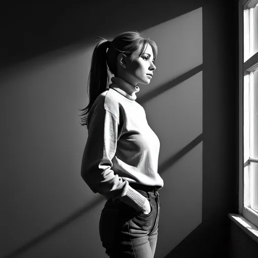 Prompt: black and white colors palette only in this image ,oil painting ,art photography,room, window , a 35 years old woman(ponytail , turtleneck , jeans) standing(low angle shot) near the wall in modeling pose , dark colors , light and shadow capturing feelings of loneliness , sunlight streaming the woman ,
 , high-quality , rich contrast