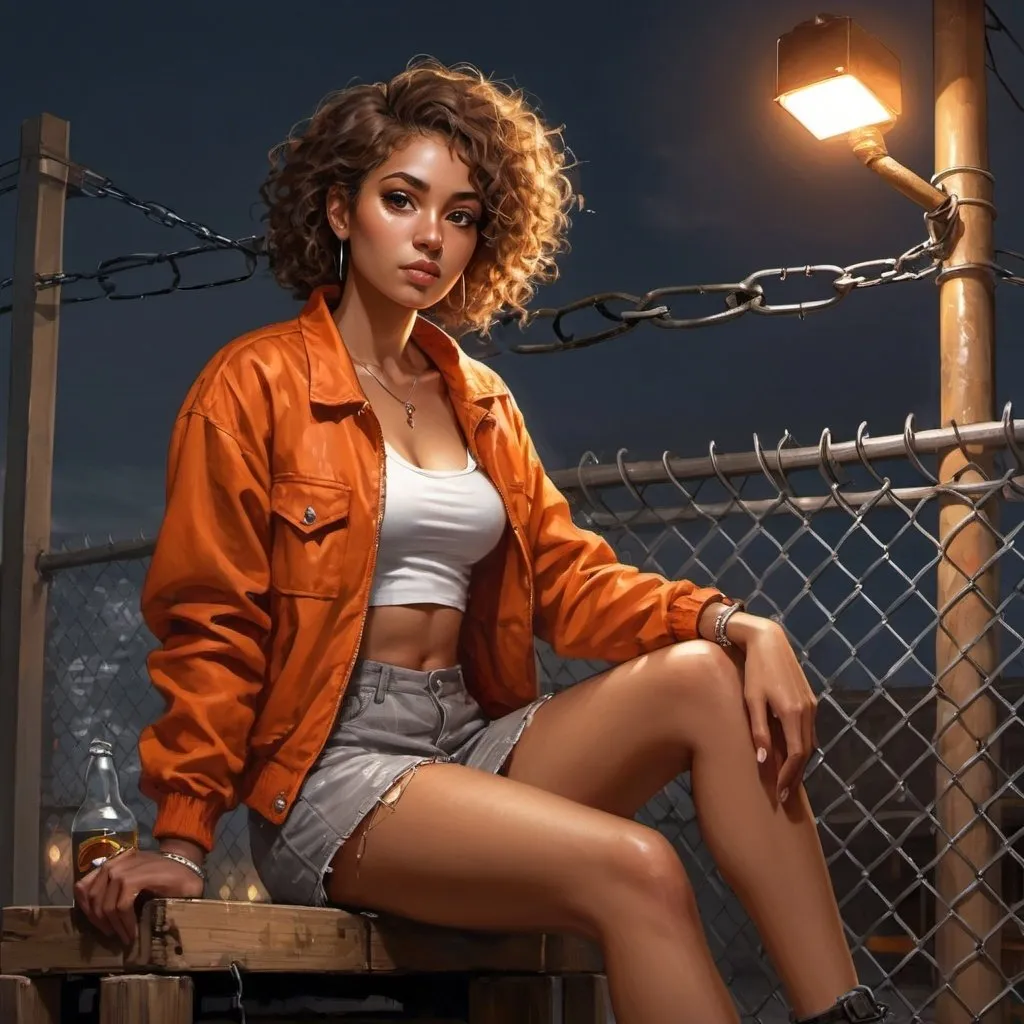 Prompt: 4k , high resolution , detailed , digital painting ,night ,street light, a woman sits on pallet, she holds a beer  bottle ,chain-link fence , modeling pose ,industrial , factory ,a neglected place , curly hair,brown skin ,she wears brownish orange jacket , white crop top shirt , gray miniskirt ,leg , good lighting , low angle shot 