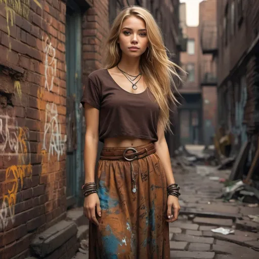 Prompt: high resolution , bright colors , 4k , A digital painting of good looking woman(low angle shot)) in brown blouse   , Bohemian Maxi Skirt,long blond hair , bracelet,  , dark , night, brick wall (graffiti) and rusty pipe , old and neglected area  , street , she is standing near the wall 