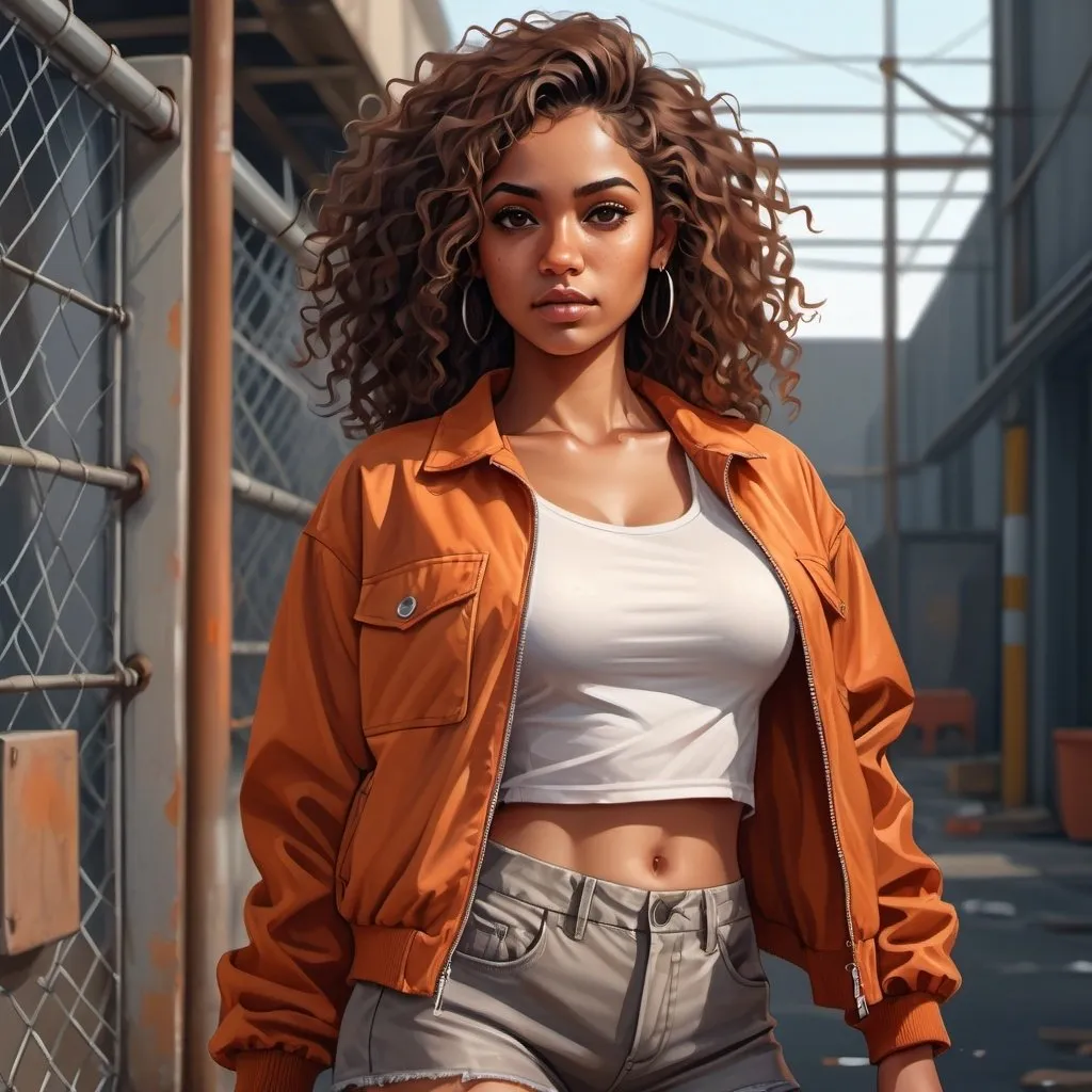 Prompt: 4k , high resolution , detailed , digital painting , a woman stands next to chain-link fence,industrial , factory , ,modeling pose ,a neglected street, curly hair,brown skin ,she wears brownish orange jacket , white crop top shirt , gray miniskirt ,leg , good lighting 