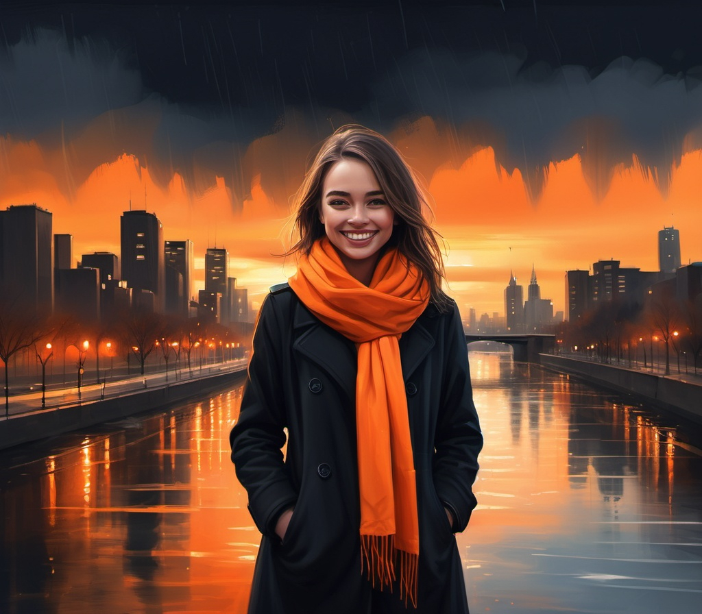 Prompt: digital painting of a city skyline with a woman (black coat ,orange scarf , jeans ) smiling  and  a river in the background at night time with a bright orange sky reflecting on the water ,winter ,rain , art photography, at night, high resolution , realism , beautiful sunset ,