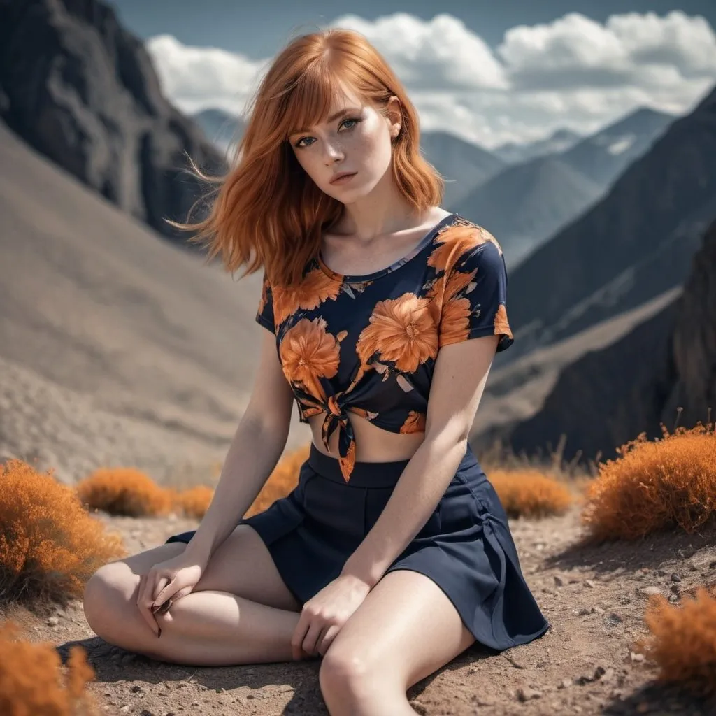 Prompt: 4k , high resolution , detailed features ,achromatic colors , realism ,fashion , glamour photography , art photography , landscape ,view ,mountains , a woman sitting on the ground in modeling pose ,ginger hair, long bangs haircut ,detailed floral  navy blue knot crop top shirt , orange warp skort , legs , low angle shot , 