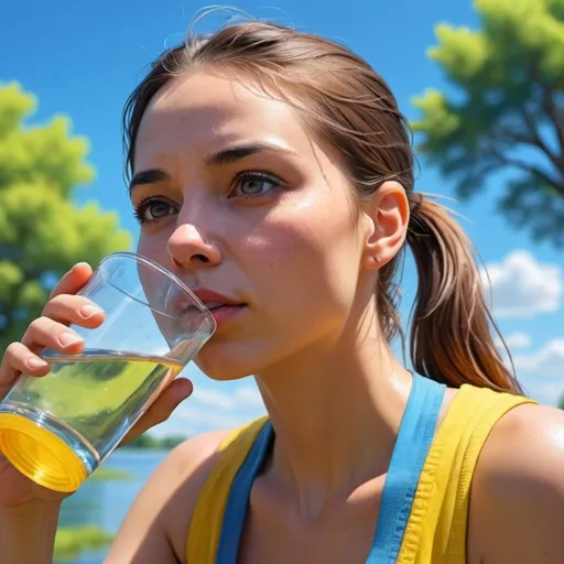 Prompt: 4k , high resolution, bright colors ,realistic illustration,  park , blue sky ,tree, a woman is drinking water with plastic glass,she looks at the sky , lake , brunette hair , ponytail, yellow crop top shirt  ,dynamic ,close up , emotional face expression ,expressionism , low angle shot , portrait ,wet face 