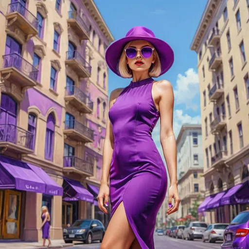 Prompt: 4k,oil painting,high resolution,professional, bright colors , modeling ,summer, purple themed photo ,  a rich woman stands between two fancy buildings ,she is modeling, bob haircut,blonde hair,mini slit purple dress reveals legs,focus on legs ,purple hat,sunglasses , mirrored lens,, close up , portrait , view from the ground 