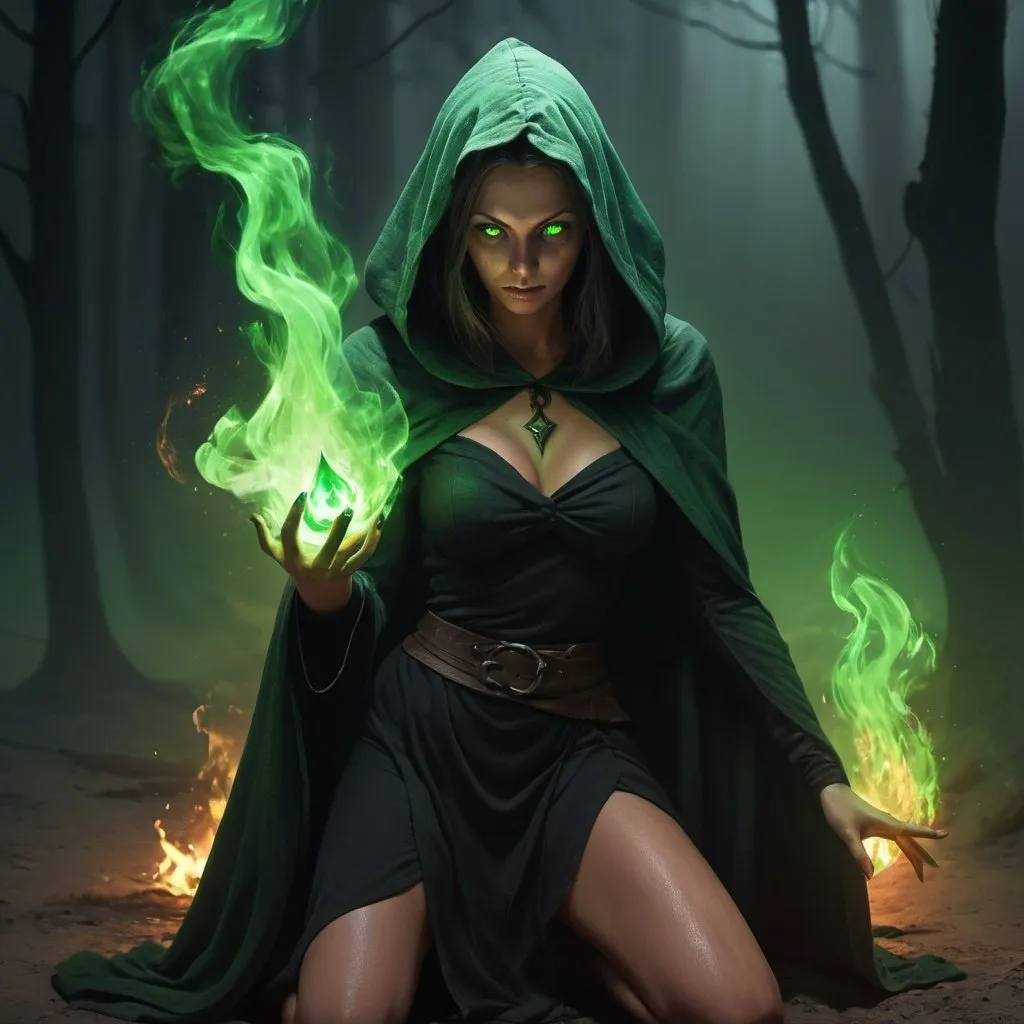 Prompt: 4k , high resolution,fantasy , digital painting , illustration , mythology , dark place  , dirt floor , a  witch holds magical green glowing  fire in her hands  , green aura around the woman , black hood , glowing eyes , slit skirt , barefoot  , portrait , close up on woman , modeling stance , detailed face , combat stance 