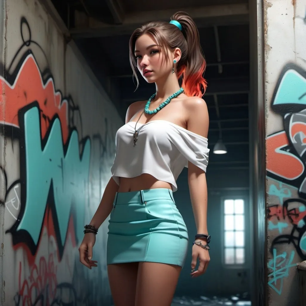 Prompt: 4k , high resolution ,artistic ,photorealis ,digital painting, photorealistic painting, dark colors,
a woman  ,wall with graffiti ,industrial , white off shoulder shirt , tiffany blue miniskirt, coral necklace ,ponytail , low angle shot , model stance , full body 