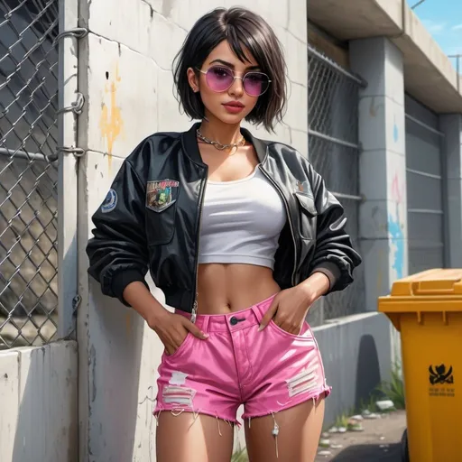 Prompt: 4k , high resolution , detailed , bright colors, photo,digital painting  , realism , artistic ,professional ,  a woman leaning against old white concrete wall  behind her , garbage  , chain-link fence,modeling stance , black hair , bob haircut , opened black jacket , white crop top shirt , pink shorts ,sunglasses ,mirrored lens , pink temple, close up , portrait , smile ,