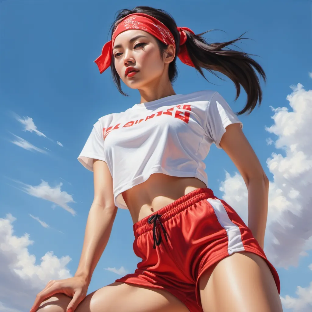 Prompt: 4k,oil painting ,high resolution,professional, bright colors , blue sky,modeling , law angle shot,show sport activity, a asian woman is modeling , red bandana on head,haircut,black hair, red sports shorts, white t-shirt ,focus on legs , close up on legs , modeling pose 