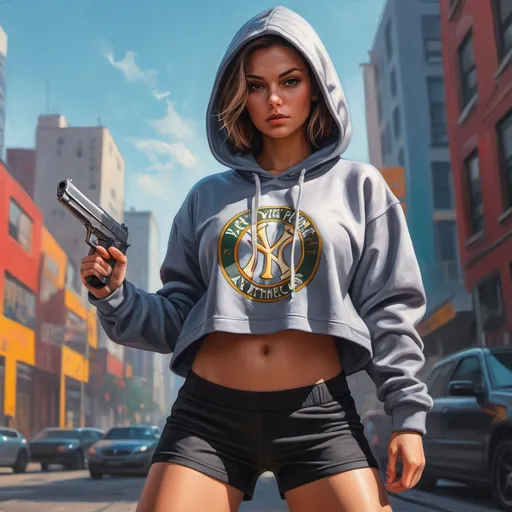 Prompt: (detailed oil painting),gta style, stylish woman posing with a pistol (aim stance), (oversized hoodie of Yankees New York athletics, black yoga shorts ), vibrant colors, urban setting, dynamic art photography, high resolution, 4K, dramatic lighting, skilled composition,  low angle shot to emphasize action and attitude, engaging atmosphere, tough face expression