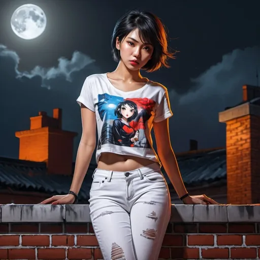 Prompt: 4k , high resolution , detailed ,fashion photography ,digital painting , dramatic ,bright colors, realism ,professional, lights on the woman , art photography,neglected rooftop, night, a woman standing near the brick wall in modeling pose,  asian look , black hair , short hair multiple hearts painting on shirt , white jeans  portrait , legs , low angle shot ,