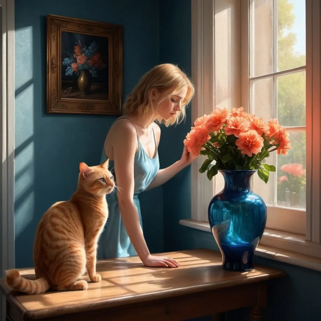 Prompt: 4k , high resolution , detailed , digital painting , realistic painting , dark room , window shutters,woman, a blue transparent vase on table , coral flowers on vase , curious ginger  cat stands near the vase .
a blonde woman stands near the vase,
sunlight shines the room