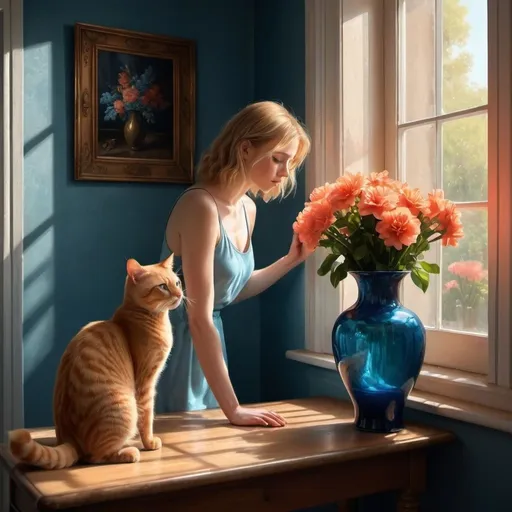 Prompt: 4k , high resolution , detailed , digital painting , realistic painting , dark room , window shutters,woman, a blue transparent vase on table , coral flowers on vase , curious ginger  cat stands near the vase .
a blonde woman stands near the vase,
sunlight shines the room