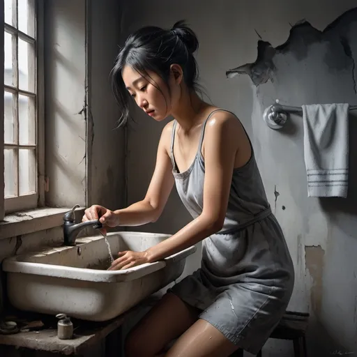 Prompt: 4k , high resolution ,detailed , oil painting , grey themed photo ,poor room with cracked wall ,gray sky, window with shutters , a asian woman is washing her hands in the sink, black hairs with some gray hairs, mini slit  grey dress reveals legs , focus on legs
, portrait , expressionism , dark colors   , modeling pose , fashion , unique pose,close up 