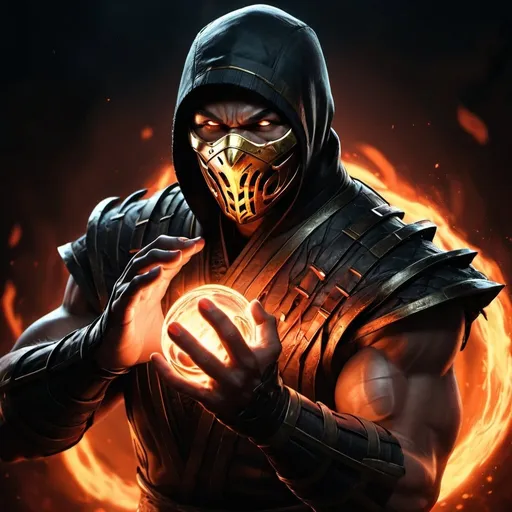 Prompt: high resolution ,4k , fantasy  ,dark colors ,hell , lava , digital painting , illustration , hyper realism , mortal kombat ,
scorpion from mortal kombat holds a fire ball with both of his hands , fire aura is around the fire ball ,light shines on scorpion through the fire ball, low angle shot ,glowing eyes ,he holds the fire ball around his chest 