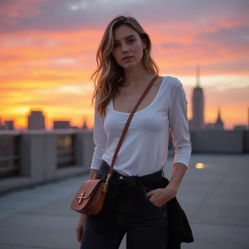 Prompt:  A stylish woman, dressed in a white long-sleeved tank top and black skinny jeans, stands confidently on a rooftop at sunset.  a brown leather crossbody bag hangs casually at her side. A black jacket is tied around her waist, The sky is painted with vibrant hues of orange and pink as the sun dips below the horizon, casting a warm glow on her figure. The city skyline stretches out behind her, silhouetted against the colorful sky, creating a dramatic backdrop. The scene captures a moment of tranquility amidst the bustling city, with soft light illuminating her features.