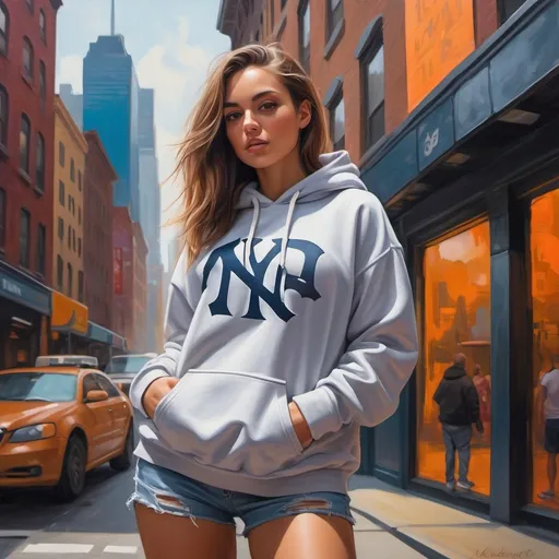 Prompt: (detailed oil painting), high resolution, 4K, vibrant colors, stylish woman posing, ), (oversized hoodie of Yankees New York athletic t-shirt hides shorts ,) urban settings, dynamic art photography, modeling ambiance, intricate details, modern palette, warm and inviting atmosphere, engaging composition reflecting confidence and style.