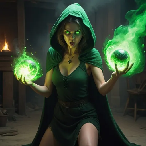 Prompt: 4k , high resolution,fantasy , digital painting , illustration , mythology , dark place  , dirt floor , a witch is standing , she is shooting  green fire projectiles from her hands   , green aura around the woman , black hood , glowing green eyes , slit skirt , barefoot  , portrait  , detailed face , throwing ball stance , she is throwing the green fire, green fire balls are in the air , low angle shot , powerful stance , she is yelling and trying hard to fight , dynamic hand move , wind effects 