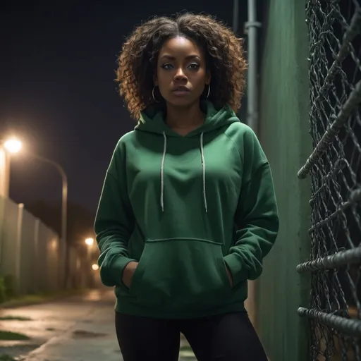 Prompt: photorealistic, (4K), (high resolution), nighttime street scene, (dramatic colors), (grim lighting), pole, chain link fence nearby, (low angle shot) of a black woman standing against the wall (close up), light illuminating her, dressed in a green hoodie and black leggings   , curly hair , grim mode , 