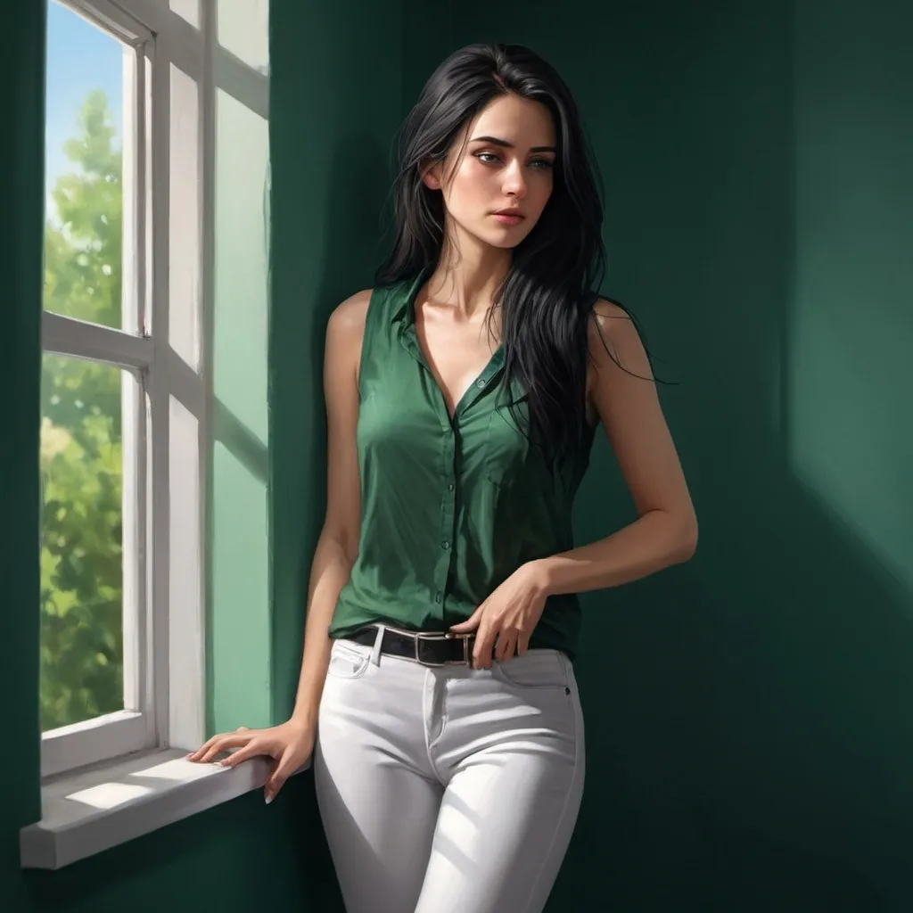 Prompt: 4k,digital painting ,art photography  ,high resolution,professional, bright colors ,  room ,dark green wall ,show all body, a woman is leaning against the  wall  ,(white pants ) ,( dark green sleeveless  shirt) (black long  hair),focus on legs , close up , portrait  , light shines on the woman through the window 