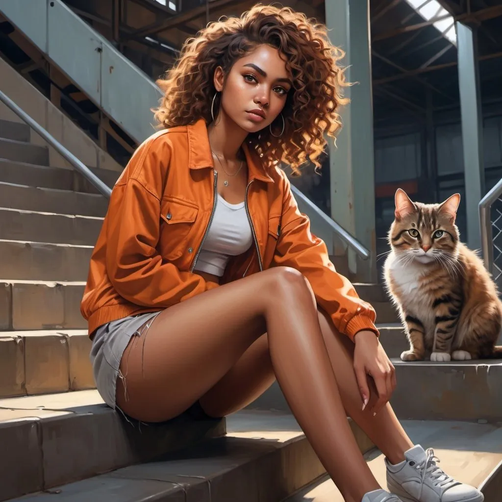 Prompt: 4k , high resolution , detailed , digital painting , a woman sits next to chain-link fence ,cat on the stairs ,industrial , factory ,stairs  ,a neglected place , curly hair,brown skin ,she wears brownish orange jacket , white crop top shirt , gray miniskirt ,leg , good lighting 