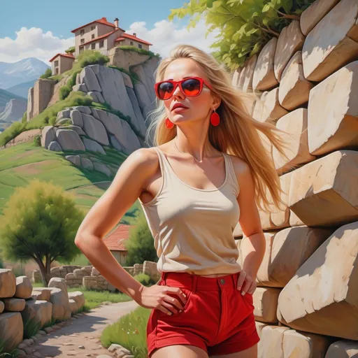 Prompt: 4k , high resolution , extremely detailed oil painting , realism , village , mountains , warm colors . spring season ,
a low angle of beautiful woman posing in modeling pose (blonde long hair,, beige sleeveless t-shirt with red neckline  ,red elegant shorts ,earrings ,red sunglasses  )  bushes , small dry stone walling in the background , detailed face , she is 40 years old , legs