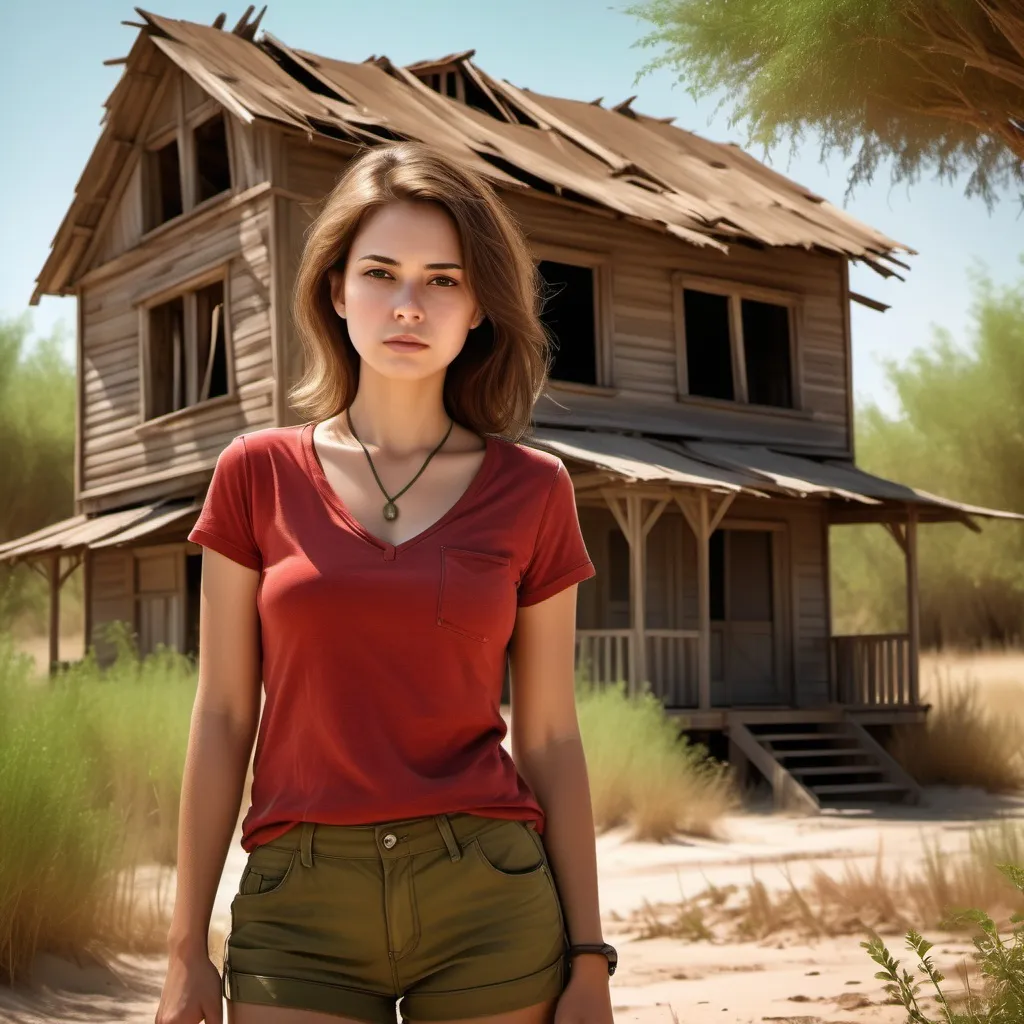 Prompt: (abandoned old  and broken wooden house in sand field ), (old photography style, photo realism ), woman (close up and  low angle shot the woman) standing in modeling pose , red, v-neck shirt ,cargo brown shorts  , necklace , sandy ground, green lush bushes in the background, dark colors , ,  sunlight casting soft shadows, intricate details, , ultra-detailed,, high resolution , detailed face ,