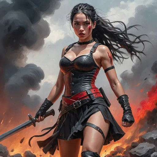Prompt: 4k , high resolution , oil painting , artistic ,fantasy ,destruction, bright colors ,red gray and black colors, a warrior woman holds a sword with both hands ,she stands in combat stance ,   black hair , braid hairstyle , 
  , wounds on face , short black skirt with belt  , black combat corset,shields on both shoulders  , action , dynamic ,  , low angle shot ,show legs, emotional face,portrait