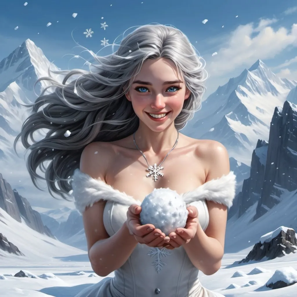 Prompt: 4k,high resolution,detailed,mountains,ice field, oil painting ,snowing , cold , realistic snowflake,strong wind,a young woman holds a small snowball ,long black and grey hair , mini white slit dress reveals legs , blue eyes , ,necklace, smile,  modeling , blue sky , pure , unique pose, freedom, good composition ,feet